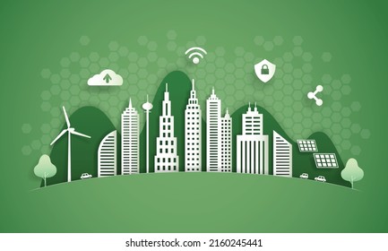 technology with building paper art and clean energy, environmental illustrations green and white