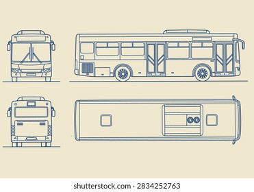 Technology bus schematic with front, back, side, and top views suitable for tech presentations and educational resources on transportation design.