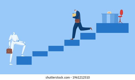 Tecnología negocio de la inteligencia artificial reemplazo de personaje empleado, empresario descenso stair de la ilustración plana del vector, aislado en azul.