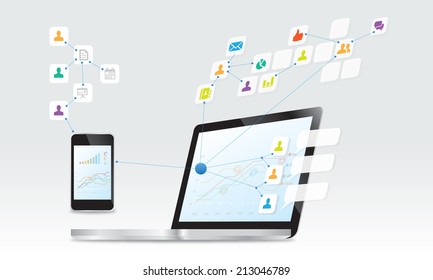 Technology business communication  connect mobile device and notebook  background