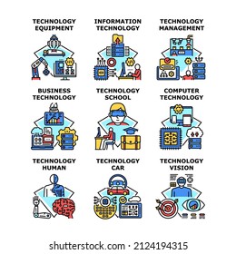 Technology business Computer, equipment, Information , management, human, vision, school, car vector concept color illustration