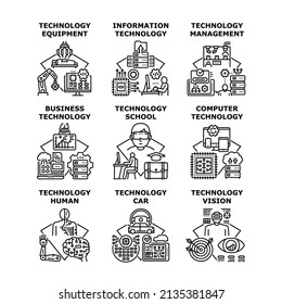 Negocios de tecnología Computadoras, equipos, información, gestión, humanos, visión, escuela, concepto de vector de coche ilustración negra
