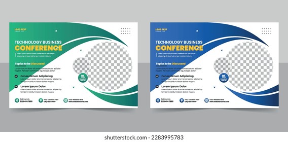 Technology business conference flyer template or online webinar flyer design, event invitation social media banner layout.