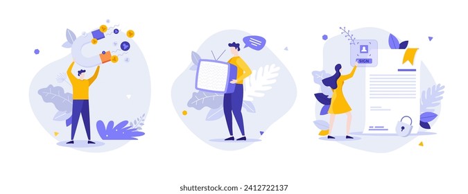 Conjunto de ilustraciones vectoriales de concepto plano de la tecnología para empresas. Marketing digital, medios masivos y composición de caricaturas de autenticación de usuarios. Idea creativa del servicio en línea para el sitio web, presentación