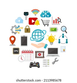 Tecnología (negocios, red, etc.) ) conjunto de iconos organizados en círculo 