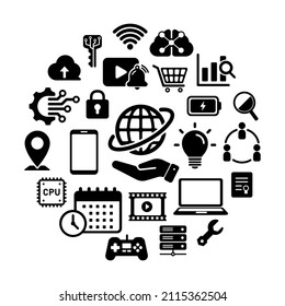 Technology (business, network etc. ) icon set arranged in a circle 
