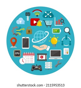 Technology (business, network etc. ) icon set arranged in a circle 