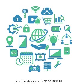Technology (business, network etc. ) icon set arranged in a circle 