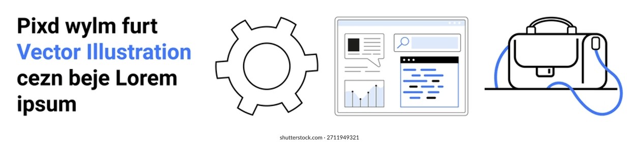 Technology, business operations, innovation, analytics, digital tools, work essentials. Includes a gear, digital dashboard with charts and a bag icon. Technology and business operations concept