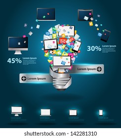 Technology business software and social media computer networking service concept, Creative light bulb with cloud of colorful application icon, Vector illustration modern template design 