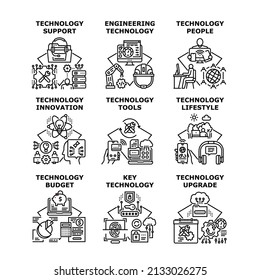 Technology business tools, innovation, upgrade, people, Key, Engineering, budget, lifestyle, support vector concept black illustration
