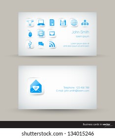 Technology business visit card with icons on light background in vector