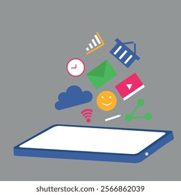 Technology and business workflow. Gear, shopping cart, connection, graph, and message icons for digital marketing and e-commerce strategies