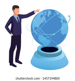 technology businessman with connectivity gadgets digital and world globe symbol vector illustration graphic design