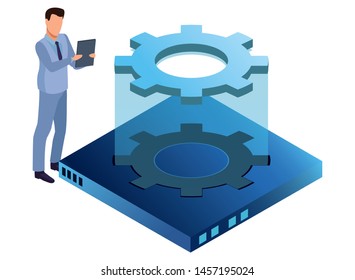 technology businessman with connectivity gadgets digital symbols vector illustration graphic design