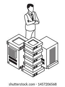 technology businessman with connectivity gadgets digital and business center symbol vector illustration graphic design
