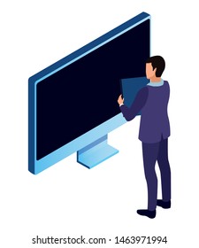 technology businessman with connectivity gadgets digital and monitor screen symbol vector illustration graphic design
