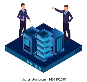 technology businessmen with connectivity gadgets digital and business center symbol vector illustration graphic design