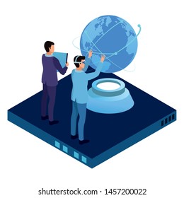 technology businessmen with connectivity gadgets digital and world globe symbol vector illustration graphic design