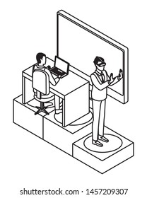 technology businessmen with connectivity gadgets digital and monitor screen virtual reality glasses symbols vector illustration graphic design