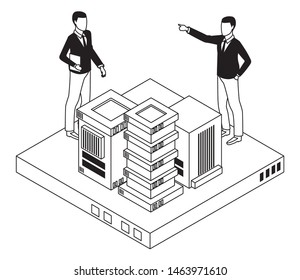 technology businessmen with connectivity gadgets digital and business center symbol vector illustration graphic design
