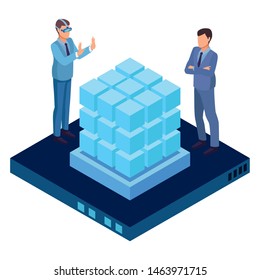 technology businessmen with connectivity gadgets digital symbols vector illustration graphic design