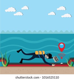 Technology camera,real time watching pipeline below water, tell to the administrator, has broken  - vector