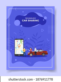 technology car sharing people around smartphone map point location in display car for template of banners, flyer, books cover, magazines with liquid shape style