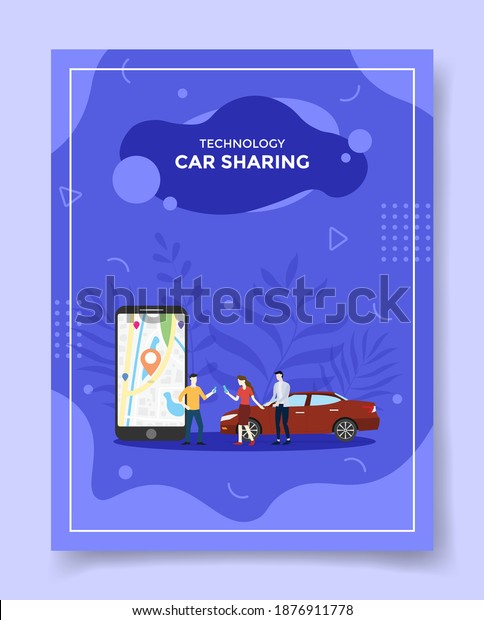 technology car sharing people around\
smartphone map point location in display car for template of\
banners, flyer, books cover, magazines with liquid shape\
style