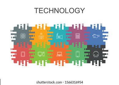 Technology cartoon template with flat elements. Contains such icons as smart home, photo camera, tablet computer, smartphone simple icons