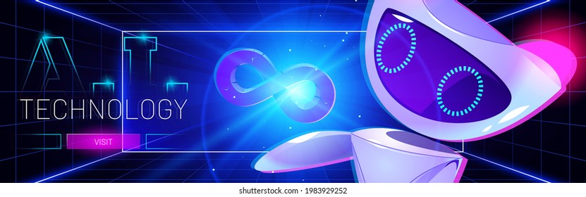 Technology cartoon web banner, artificial intelligence robot at neon glowing hud technological background with infinity symbol. Futuristic ai cyborg or droid, robotics and automation Vector concept