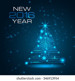 Technology Christmas tree. New Year background with space for your greetings. Vector illustration.