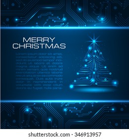 Technology Christmas tree. New Year background with space for your greetings. Vector illustration.