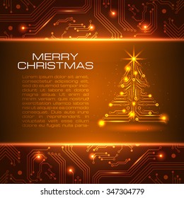 Technology Christmas tree. New Year background with space for your greetings. Vector illustration.