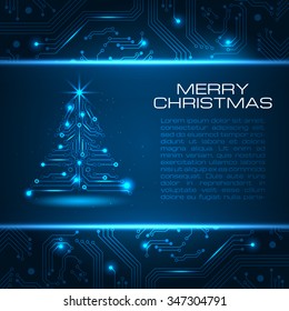 Technology Christmas tree. New Year background with space for your greetings. Vector illustration.