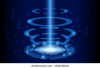 Technology circle gear connect with microchip and server. concept future information digital abstract blue background vector illustration. beam of light