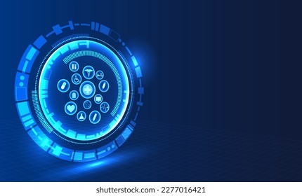 Technology circle inside contains medical innovations. It means that modern medicine allows patients to access the treatment of diseases more quickly.