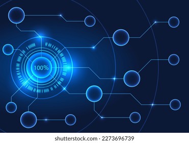 Technology circle that spreads energy to other technology circles. like a battery system that continues to send power, blue background