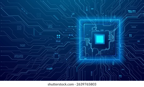 Technology circuit board background. Artificial Intelligence microchip with light blue neon electronics components. AI semiconductor concept. Tech bg is great for banners, presentations, and website.
