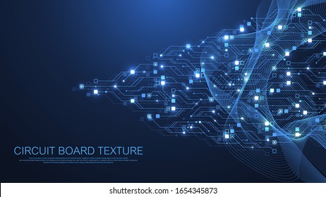 Technology circuit board texture background. Abstract circuit board banner wallpaper. Digital data industry. Engineering electronic motherboard. Wave flow , vector illustration