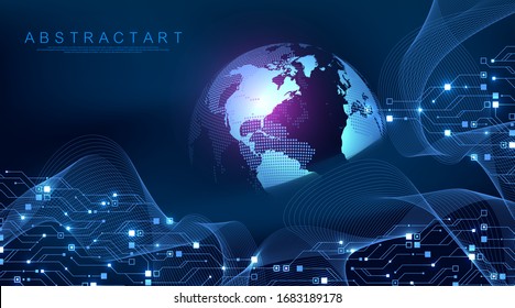 Technology circuit board texture background. Abstract circuit board banner wallpaper. Digital data industry. Engineering electronic motherboard. Wave flow, vector illustration