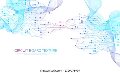 Technology circuit board texture background. Abstract circuit board banner wallpaper. Digital data industry. Engineering electronic motherboard. Wave flow, vector illustration