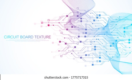 Technology circuit board texture background. Abstract circuit board banner wallpaper. Digital data industry. Engineering electronic motherboard. Wave flow, vector illustration