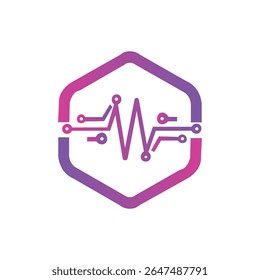 Technology circuit and heartbeat line gradient logo in hexagon shape