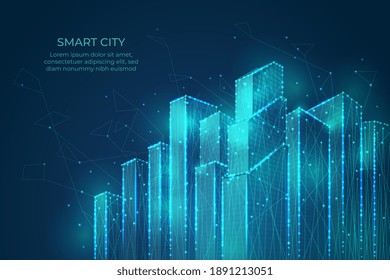 Technology City Background. Building Shapes, Smart Digital Tech Cityscape. Flow Lines Points Network Connect, Futuristic Recent Vector Banner