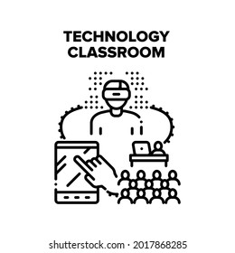 Technology Classroom Vector Icon Concept. Technology Classroom For Studying School Or University Subject. Digital Tablet And Virtual Reality Glasses Device For Learning Lesson Black Illustration