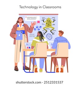 Technology in Classrooms concept. A teacher using digital tools to enhance learning for attentive students. Interactive education with modern tech. Vector illustration.