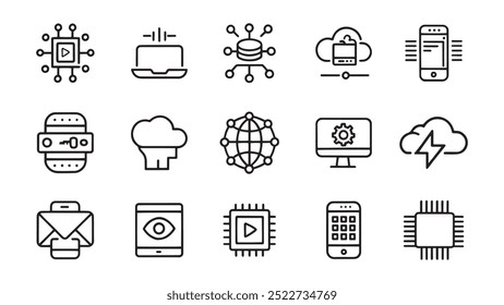 Tecnologia, nuvem, inteligência artificial, pagamento relacionado editável ícone de contorno traço conjunto vetor plano ilustração no fundo branco