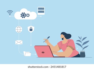 Technology cloud computing service server storage concept and cloud security, Secure connection, Storage of important data, Woman uses laptop to work in social media.  Vector design illustration.