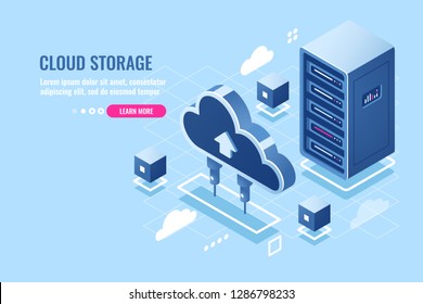 Technology Of Cloud Data Storage, Server Room Rack, Database And Data Center Isometric Icon, Abstract Concept, Download And Upload File In Internet Repository, Flat Vector Blue